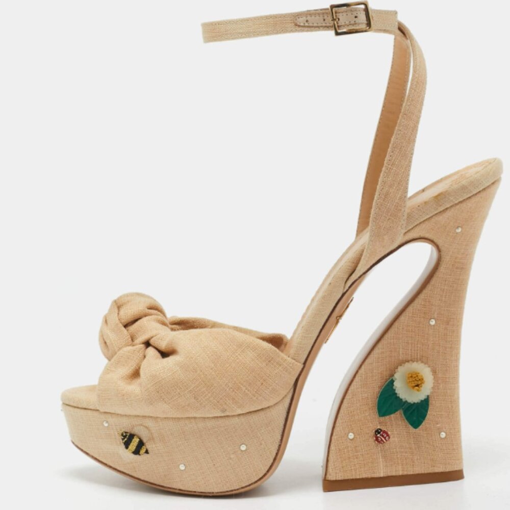 Charlotte Olympia Beige Canvas Vreeland Embellished Platform Sandals Sz 35.5